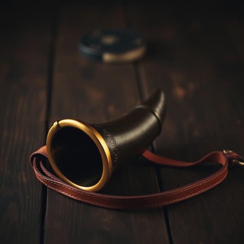 Cuerno vikingo para beber con borde de bronce y correa de cuero