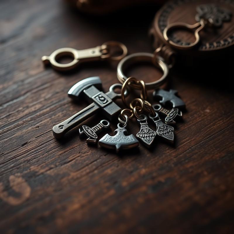 Llavero vikingo con mini hacha y dijes de runas