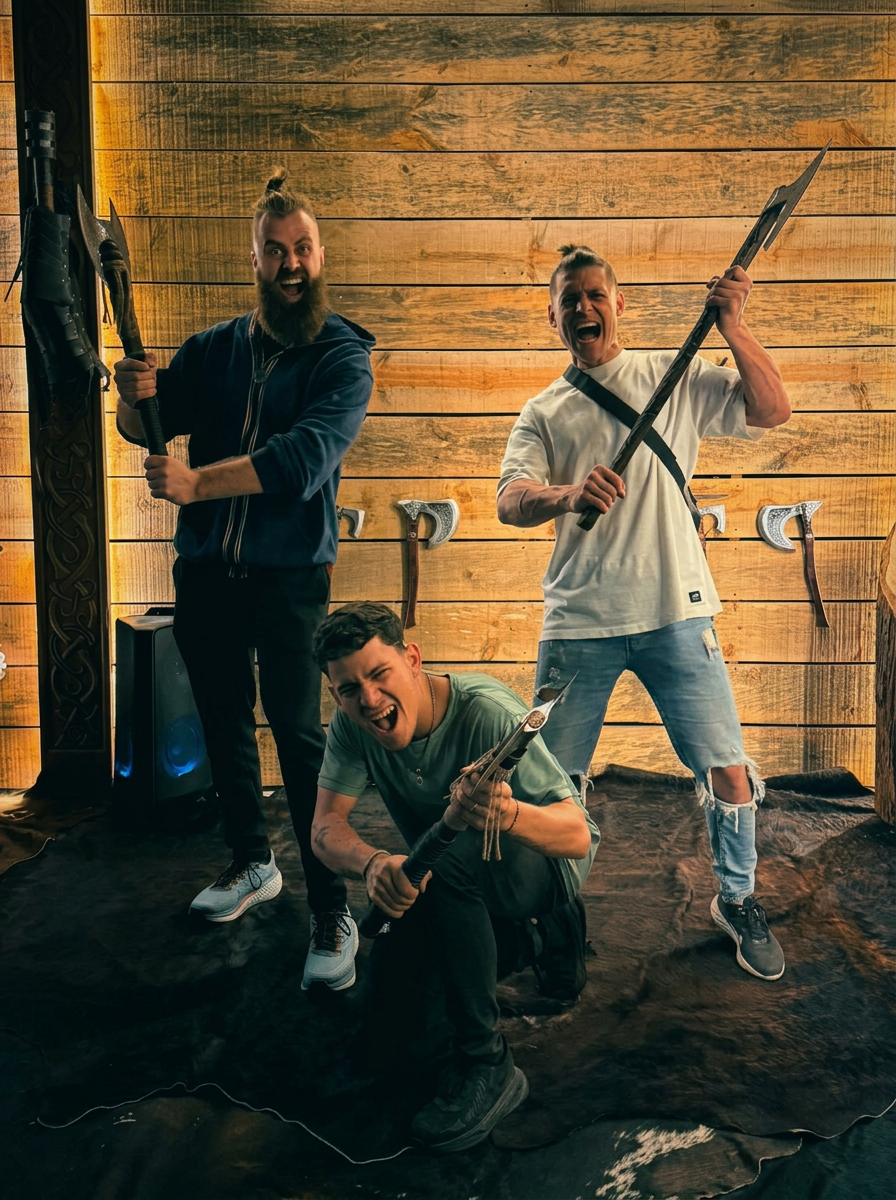 El equipo de Valhalla World posando con armas vikingas dentro de la sala de juegos