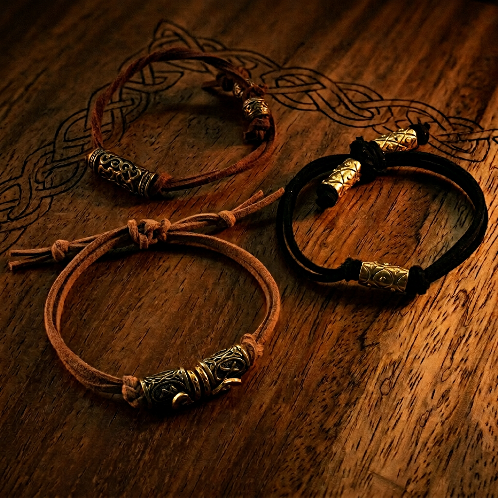 Primer plano de manillas vikingas hechas a mano con cordón de gamuza y pequeños adornos de bronce