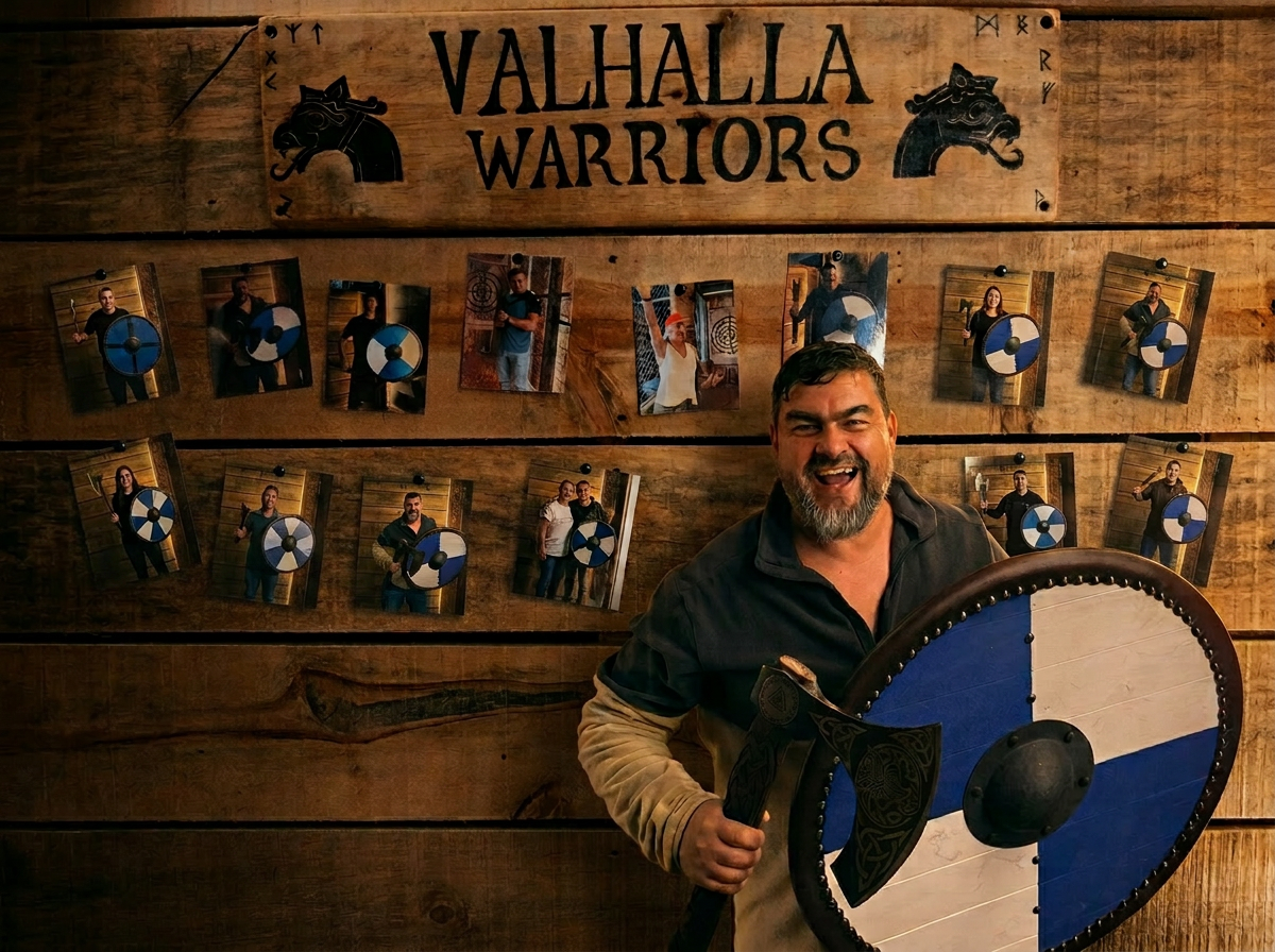 Muro de los Guerreros de Valhalla con fotos y hachas vikingas